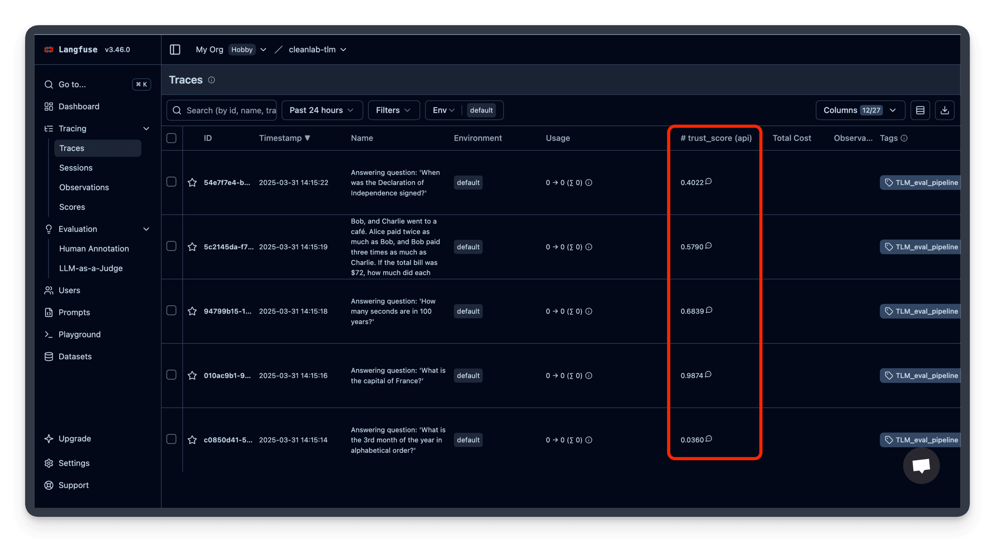 Image of Langfuse platform showing Cleanlab's TLM trust score